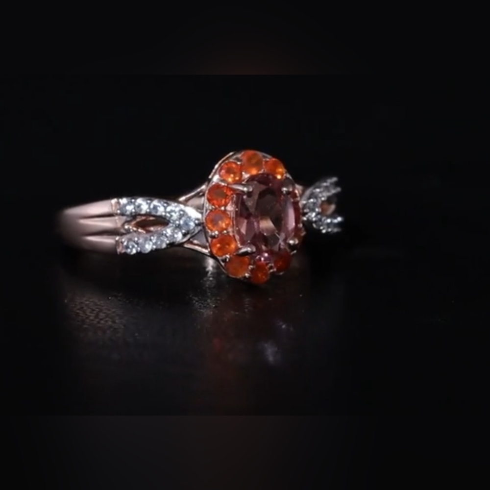 Blush Apatite & Fire Opal Halo Ring Rose Gold Vermeil Sterling Silver sz 7